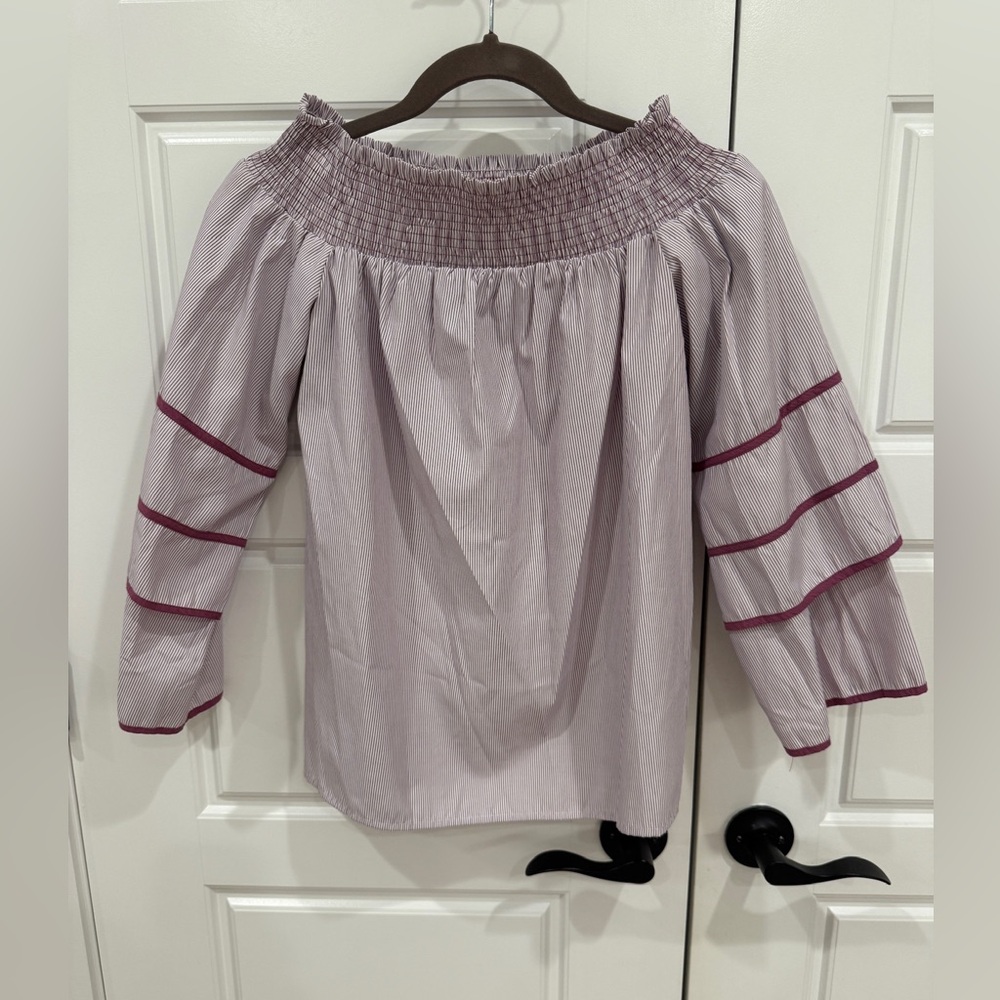 The Impeccable Pig Purple Striped Off-Shoulder Blouse